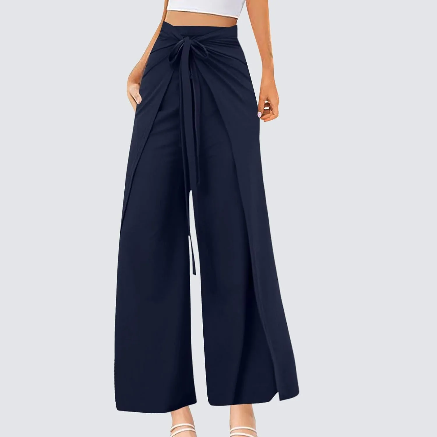 Wide Leg Pants for Women High Waist Tie Knot Front Split Flowy Palazzo Pant Dressy Casual Loose Comfy Lounge Trousers