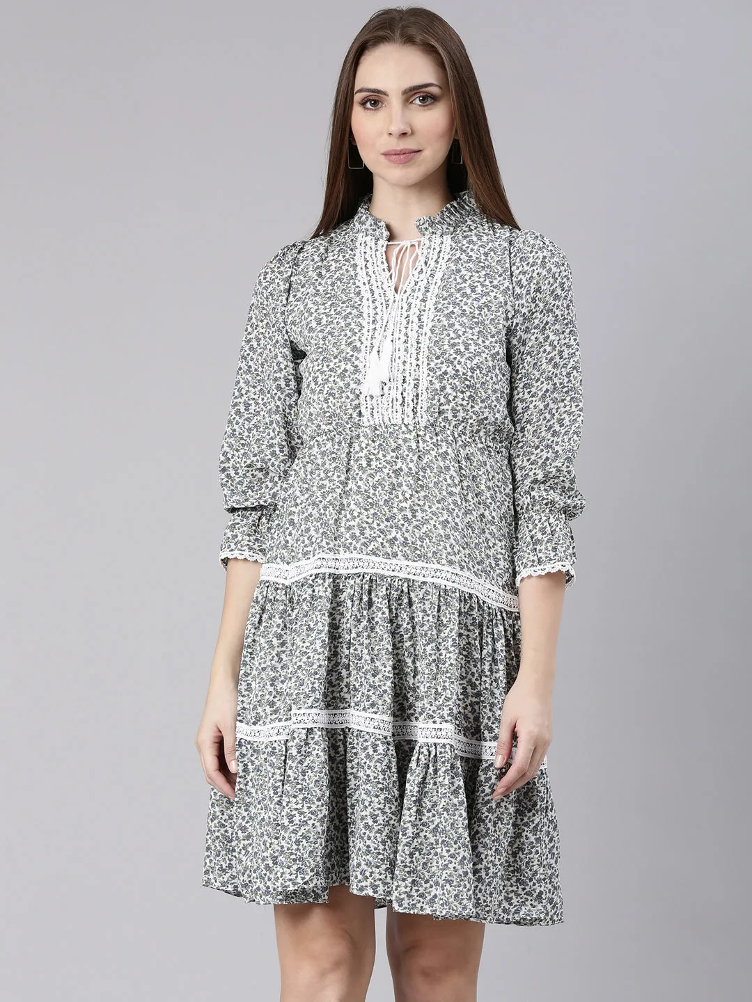 Women Grey Floral Printed Tie-Up Neck Puff Sleeves Fit & Flare Dress