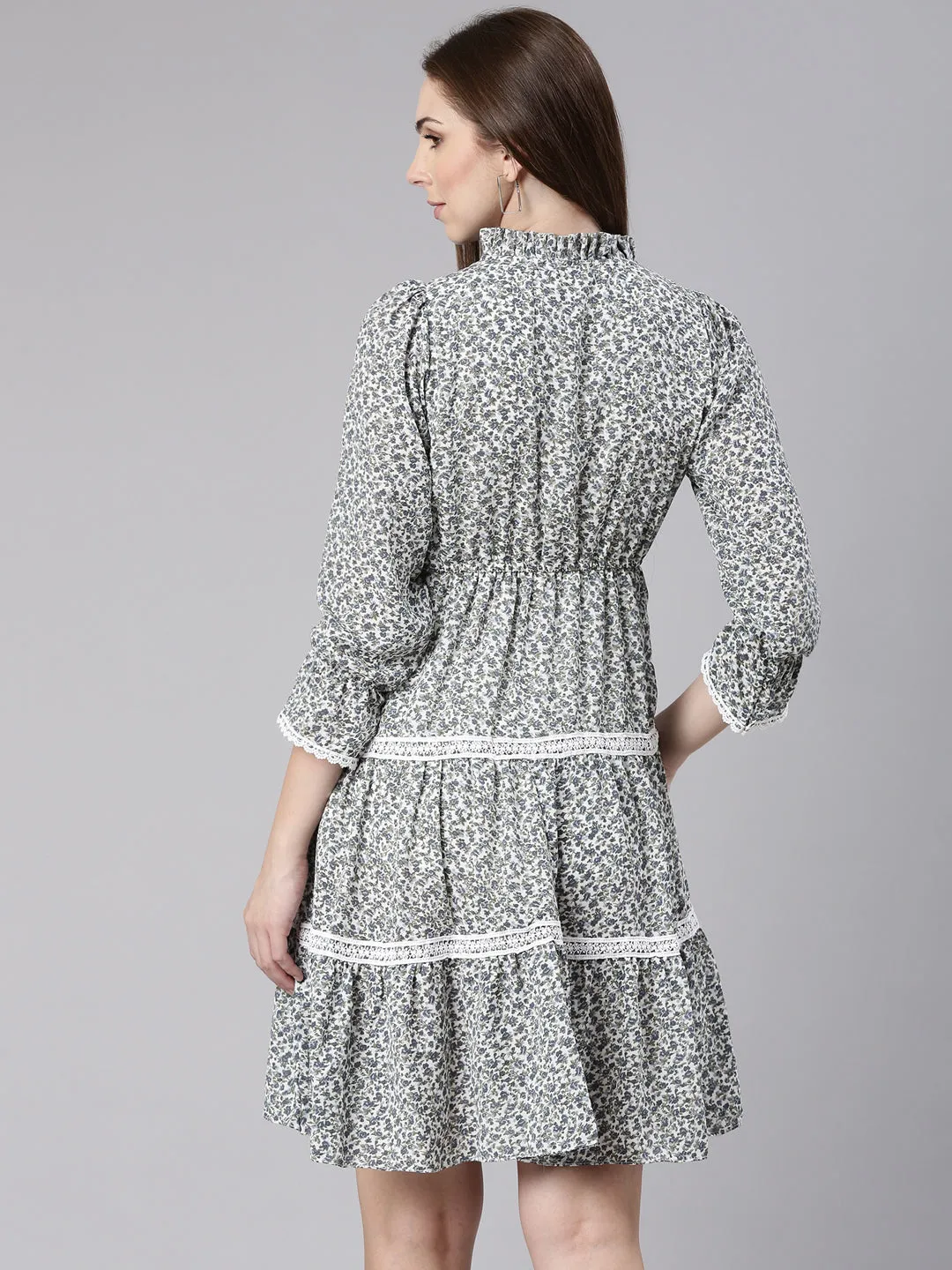 Women Grey Floral Printed Tie-Up Neck Puff Sleeves Fit & Flare Dress