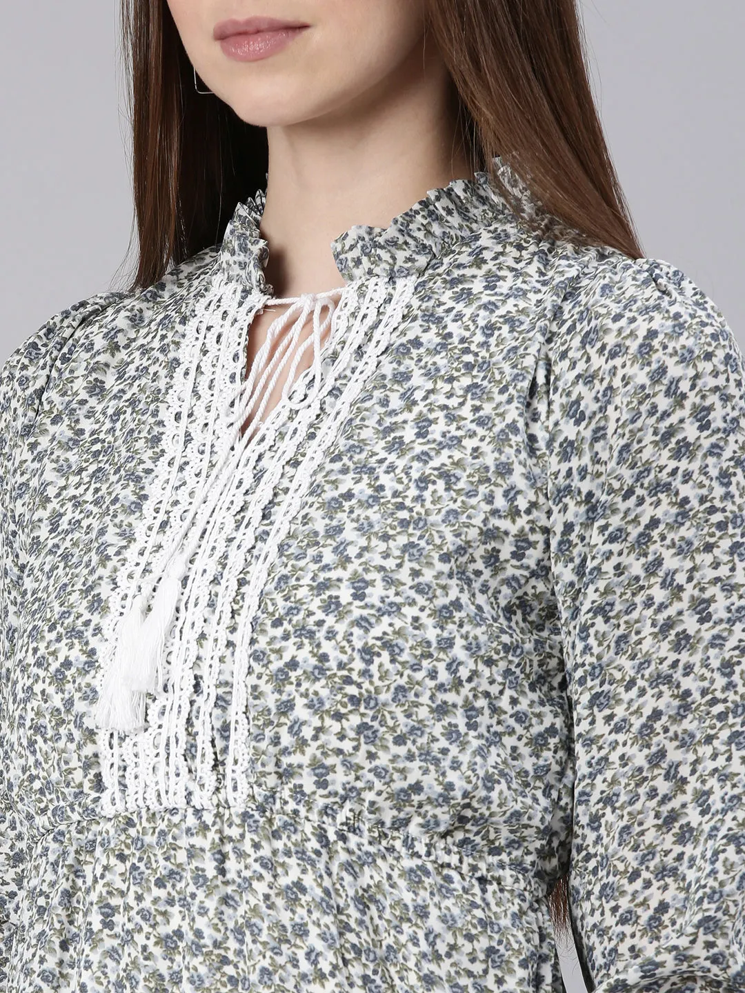 Women Grey Floral Printed Tie-Up Neck Puff Sleeves Fit & Flare Dress