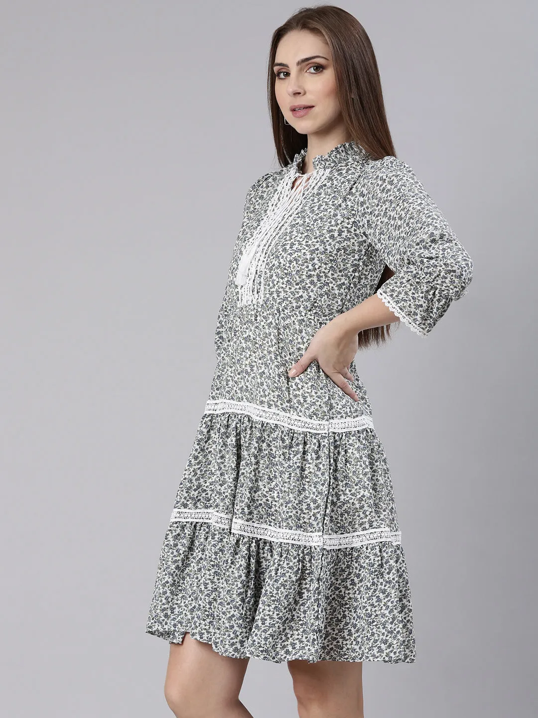 Women Grey Floral Printed Tie-Up Neck Puff Sleeves Fit & Flare Dress