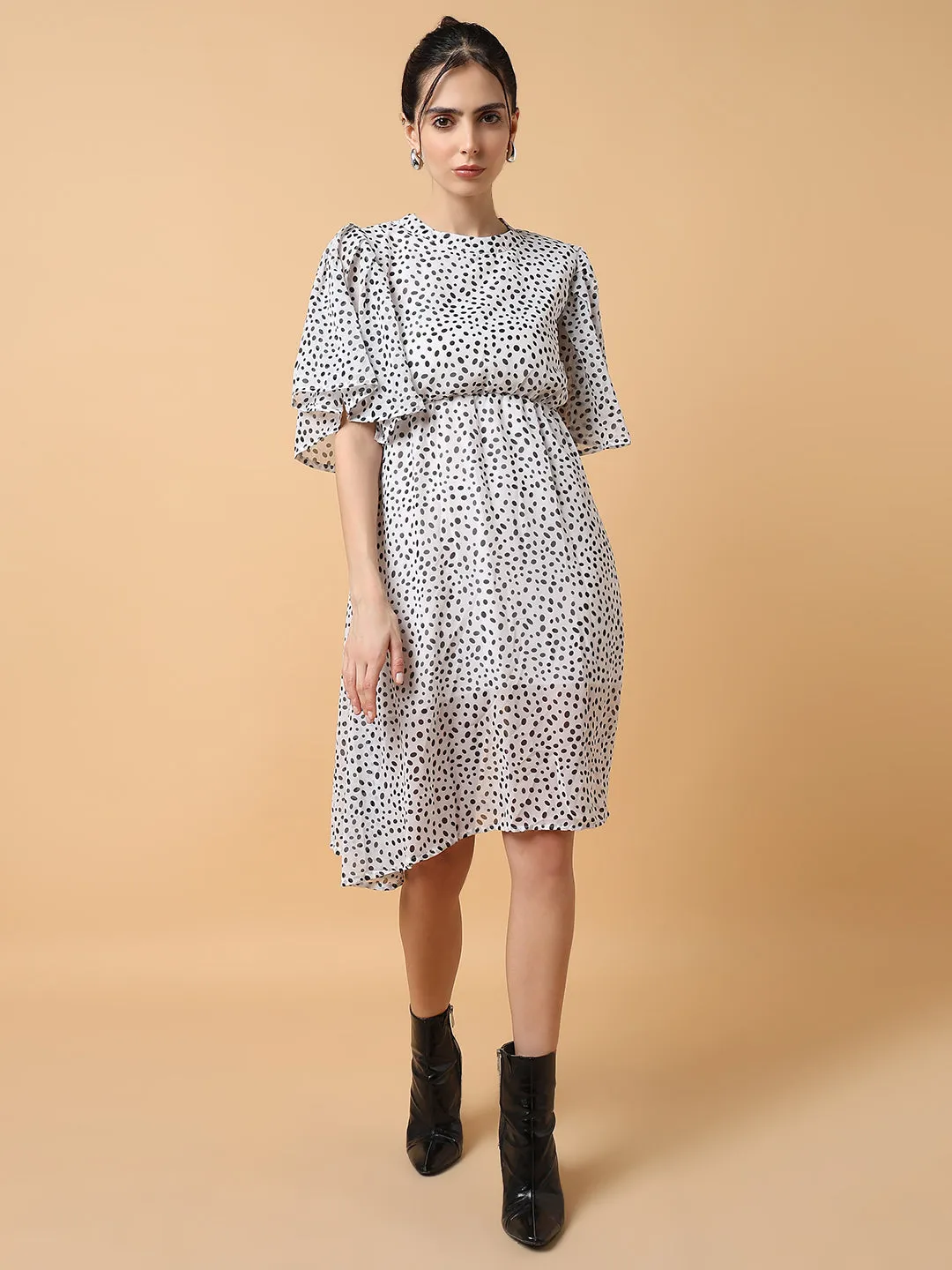 Women Off White Polka Dot Printed Fit & Flare Dress