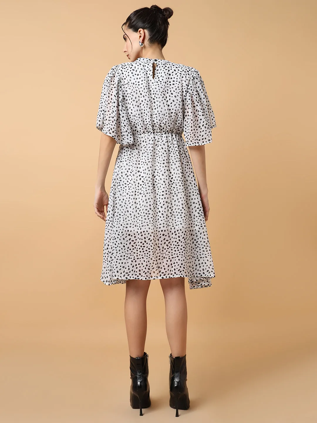 Women Off White Polka Dot Printed Fit & Flare Dress