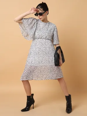 Women Off White Polka Dot Printed Fit & Flare Dress