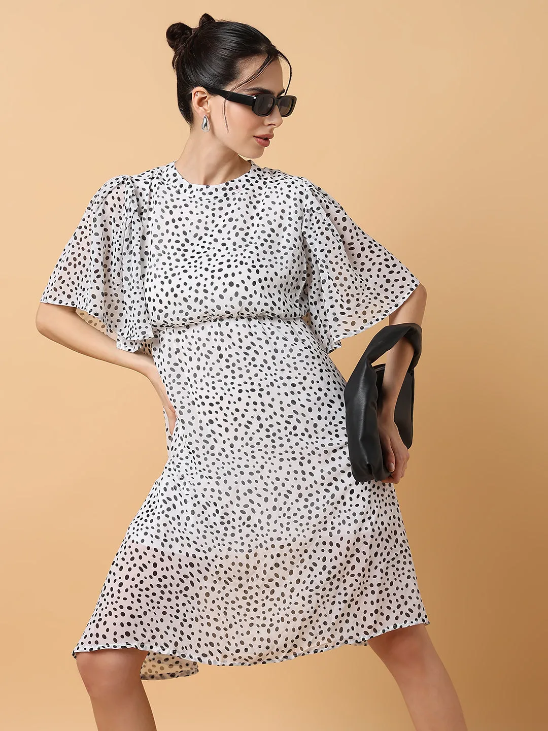 Women Off White Polka Dot Printed Fit & Flare Dress
