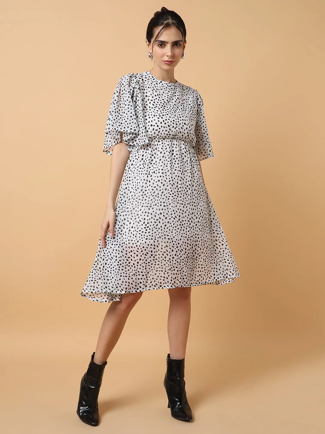Women Off White Polka Dot Printed Fit & Flare Dress