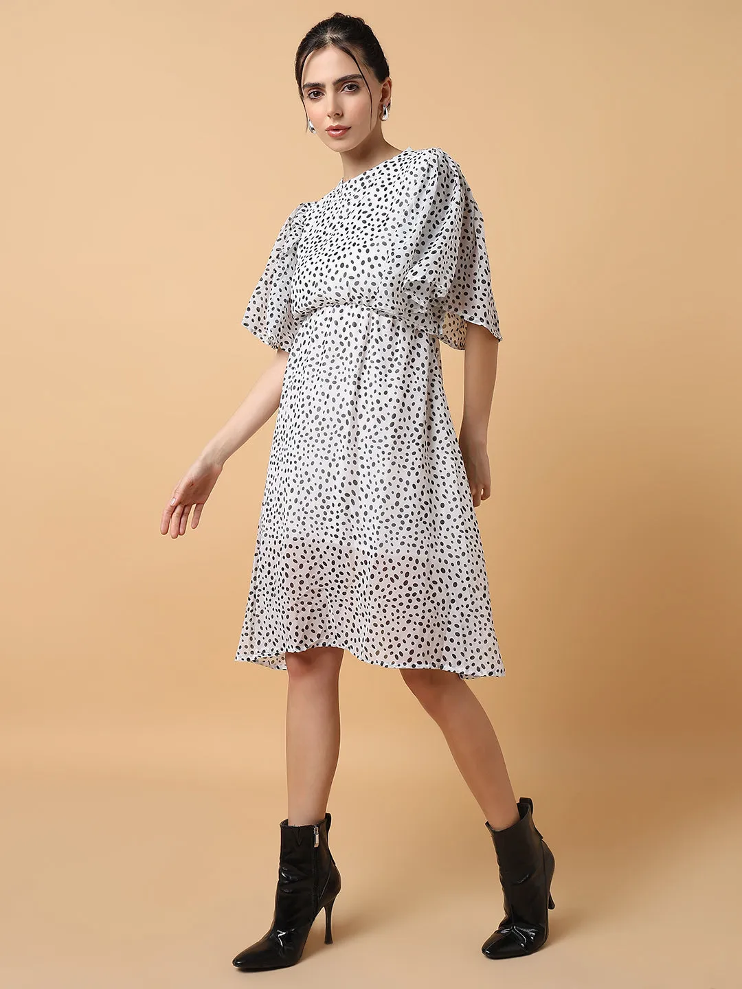 Women Off White Polka Dot Printed Fit & Flare Dress