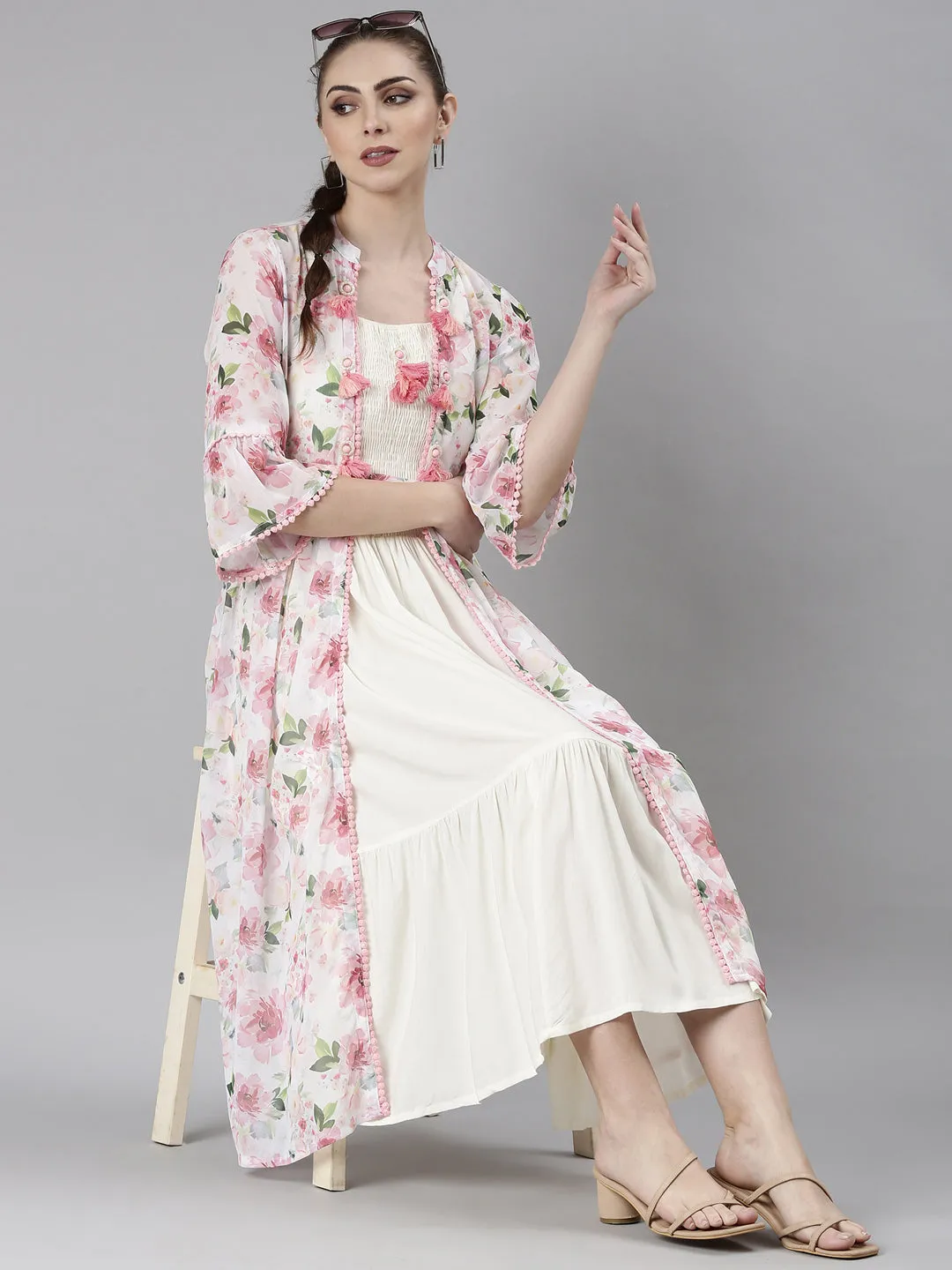 Women Off White Shoulder Straps Cotton Fit & Flare Dress With Shrug
