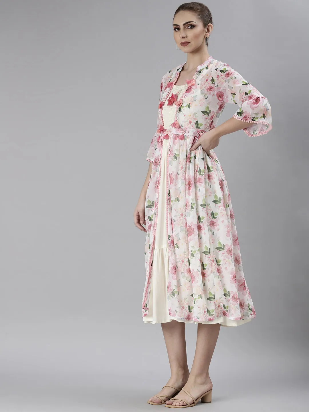 Women Off White Shoulder Straps Cotton Fit & Flare Dress With Shrug