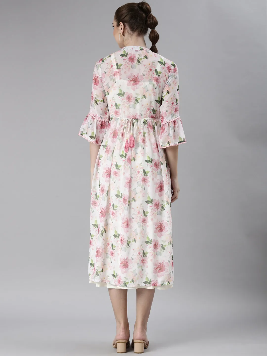 Women Off White Shoulder Straps Cotton Fit & Flare Dress With Shrug