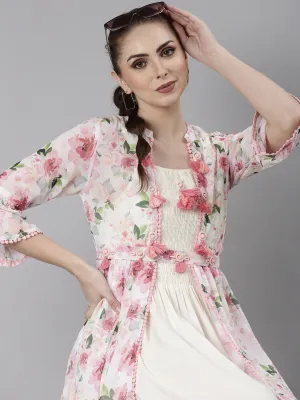 Women Off White Shoulder Straps Cotton Fit & Flare Dress With Shrug