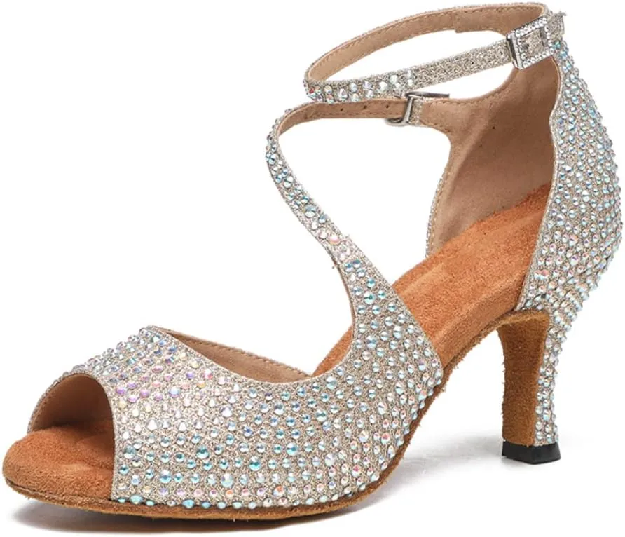 YKXLM Women Rhinestone Ballroom Dance Shoes Latin Salsa Performance Dance Shoes