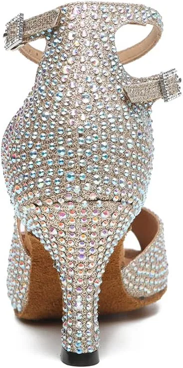 YKXLM Women Rhinestone Ballroom Dance Shoes Latin Salsa Performance Dance Shoes