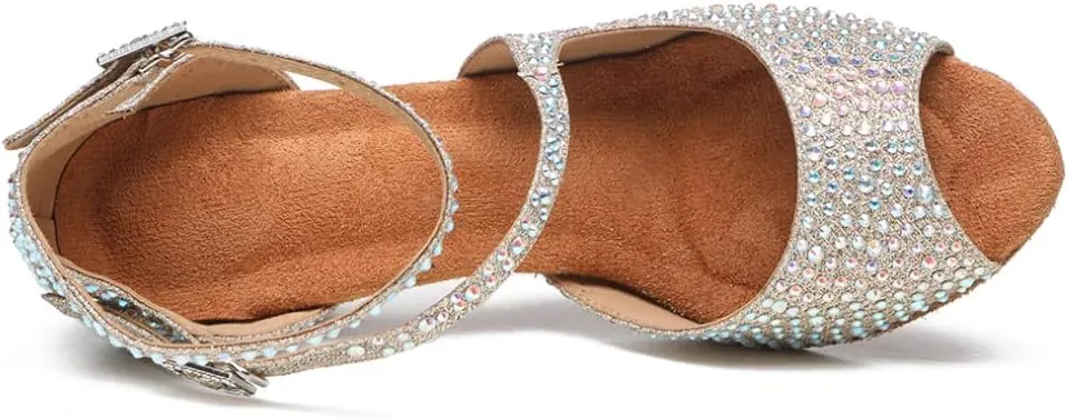 YKXLM Women Rhinestone Ballroom Dance Shoes Latin Salsa Performance Dance Shoes