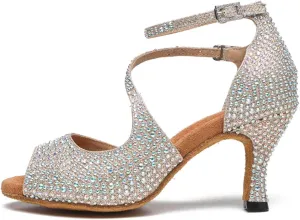 YKXLM Women Rhinestone Ballroom Dance Shoes Latin Salsa Performance Dance Shoes